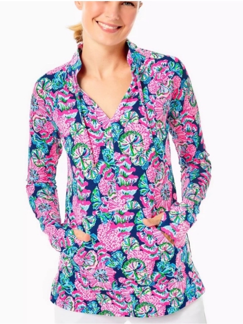 💕💕Lilly Pulitzer Oyster Bay Navy Floral V-Neck Long Sleeve Top with Pink & Green